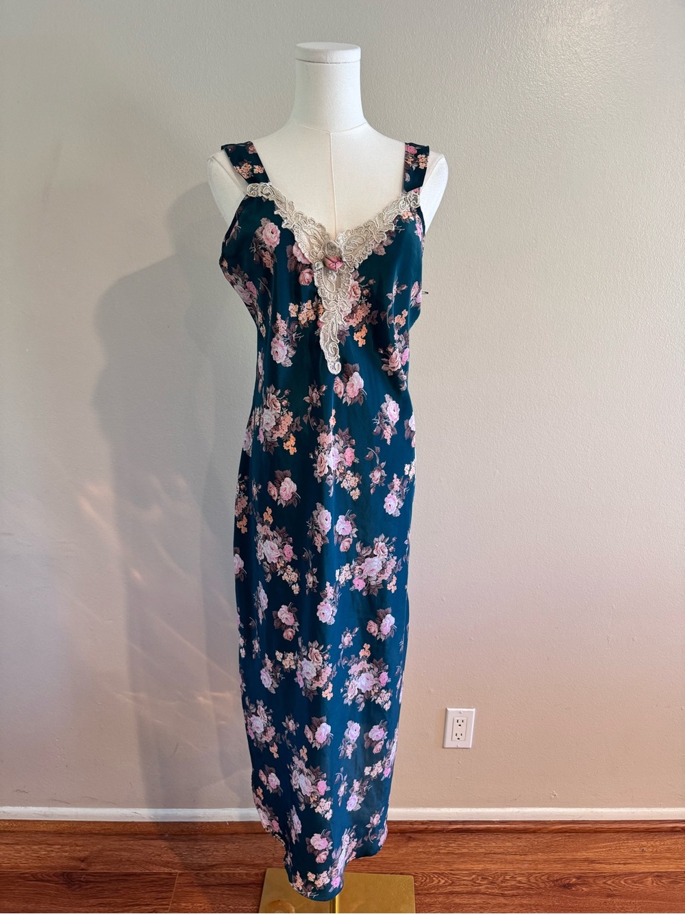 Vintage California Dynasty Teal Floral Lace Trim Slip Dress